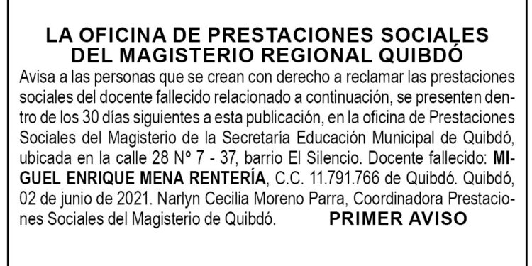 Edicto 1er. aviso Miguel Enrique Mena Rentería
