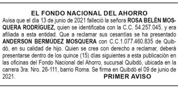 Edicto 1er. aviso Rosa Belén Mosquera Rodríguez