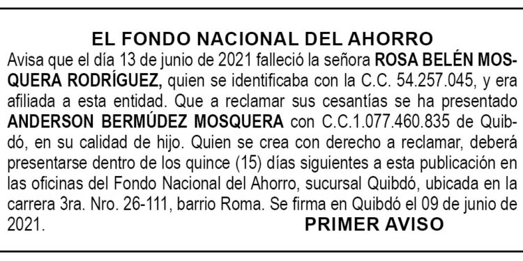 Edicto 1er. aviso Rosa Belén Mosquera Rodríguez