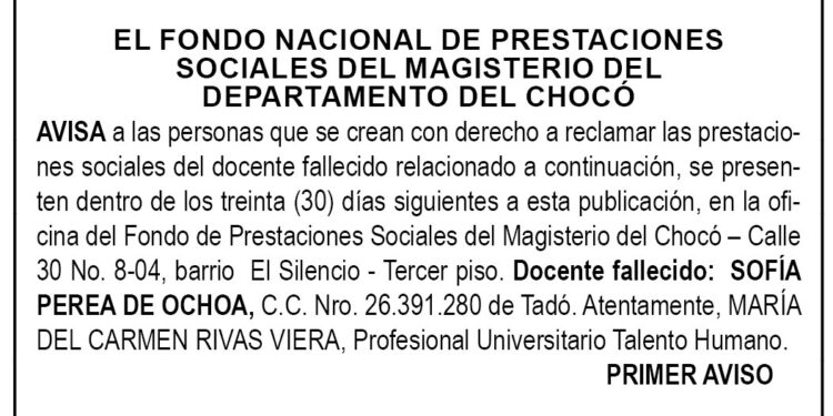 Edicto 1er. aviso Sofía Perea de Ochoa