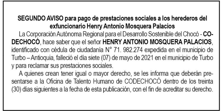 Edicto 2do. aviso Henry Antonio Mosquera Palacios