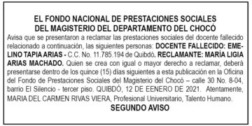 Edicto 2do. aviso Emelino Tapia Arias