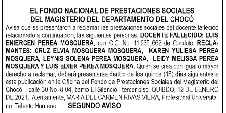 Edicto 2do. aviso Luis Eniercen Perea Mosquera