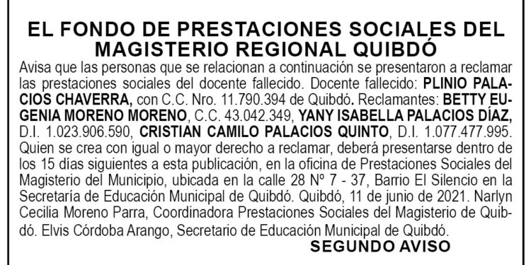 Edicto 2do. aviso. Plinio Palacios Chaverra.