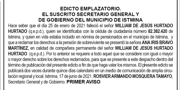 Edicto 1er. aviso William de Jesús Hurtado Hurtado