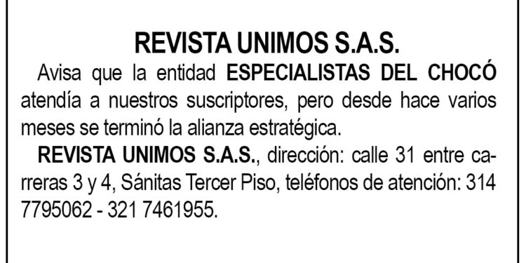 Revista Unimos S.A.S. avisa
