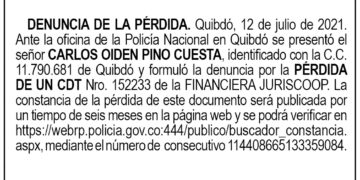 Pérdida CDT. Carlos Oiden Pino Cuesta