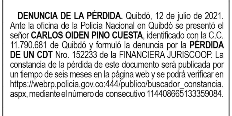Pérdida CDT. Carlos Oiden Pino Cuesta