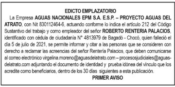 Edicto 1er. aviso Roberto Rentería Palacios