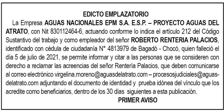 Edicto 1er. aviso Roberto Rentería Palacios