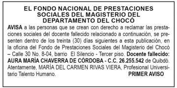 Edicto 1er. aviso Aura María Chaverra de Córdoba