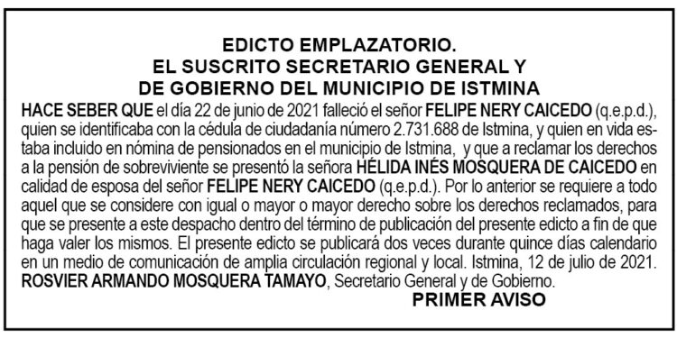 Edicto 1er. aviso Felipe Nery Caicedo
