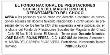 Edicto 1er. aviso José Daniel Rojas Perea