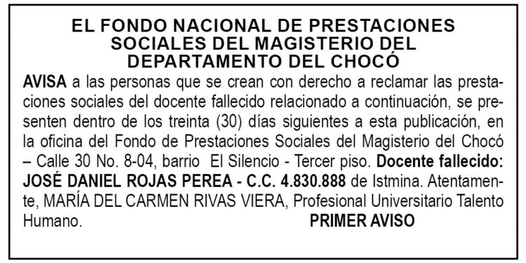 Edicto 1er. aviso José Daniel Rojas Perea