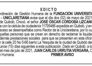 Edicto 1er. aviso José Óscar Córdoba Lizcano
