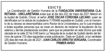Edicto 1er. aviso José Óscar Córdoba Lizcano