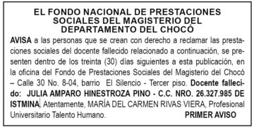 Edicto 1er. aviso Julia Amparo Hinestroza Pino