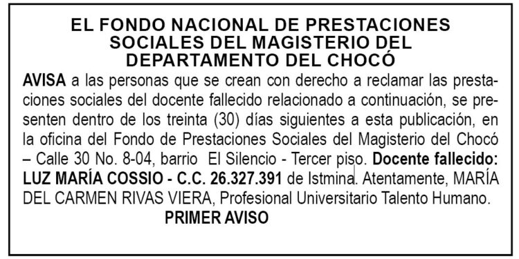 Edicto 1er. aviso Luz María Cossio
