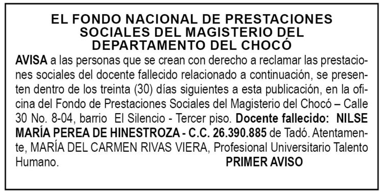 Edicto 1er. aviso Nilse María Perea de Hinestroza