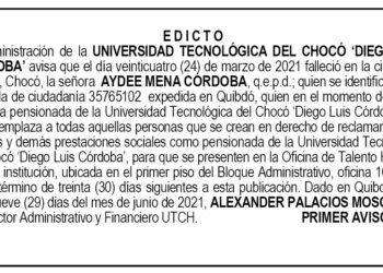 Edicto 1er. aviso Aydee Mena Córdoba