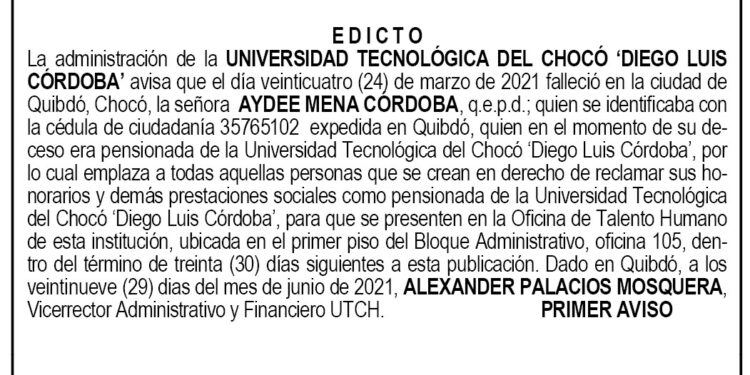 Edicto 1er. aviso Aydee Mena Córdoba