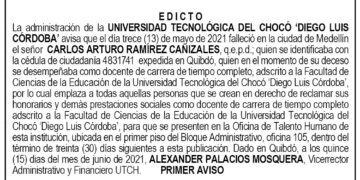 Edicto 1er. aviso Carlos Arturo Ramírez Cañizales