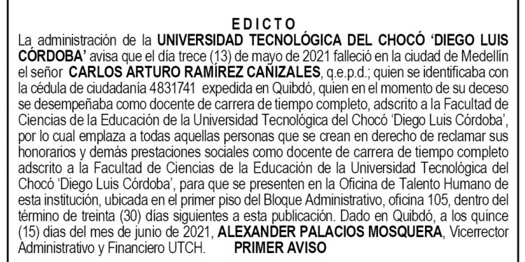Edicto 1er. aviso Carlos Arturo Ramírez Cañizales
