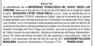 Edicto 1er. aviso César Emilio Mosquera Cetre