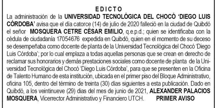 Edicto 1er. aviso César Emilio Mosquera Cetre