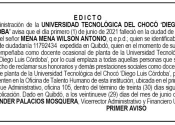 Edicto 1er. aviso Wilson Antonio Mena Mena