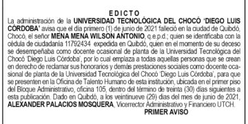 Edicto 1er. aviso Wilson Antonio Mena Mena