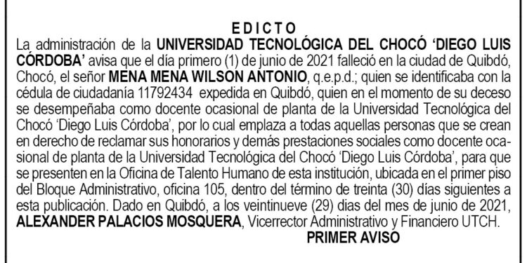 Edicto 1er. aviso Wilson Antonio Mena Mena