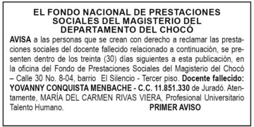 Edicto 1er. aviso Yovanny Conquista Menbache