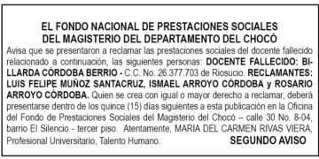 Edicto 2do. aviso Billarda Córdoba Berrío