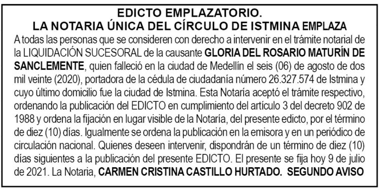 Edicto 2do. aviso Gloria del Rosario Maturín de Sanclemente