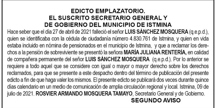Edicto 2do. aviso Luis Sánchez Mosquera