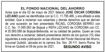 Edicto 2do. aviso José Óscar Córdoba Lizcano