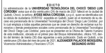 Edicto 2do. aviso Aydee Mena Córdoba