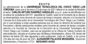 Edicto 2do. aviso Carlos Arturo Ramírez Cañizalez