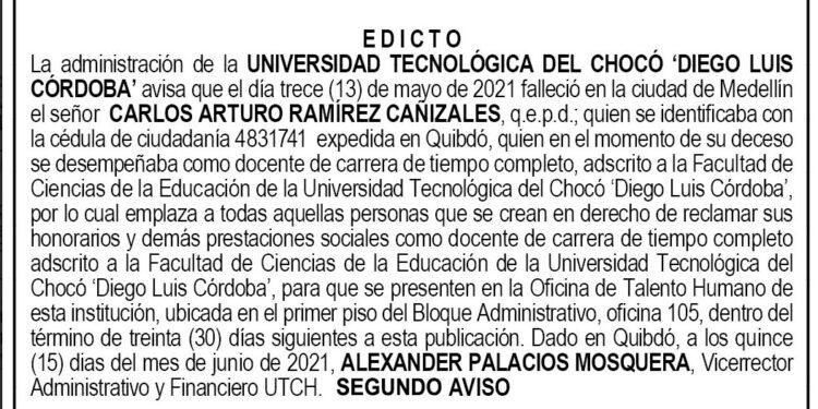 Edicto 2do. aviso Carlos Arturo Ramírez Cañizalez
