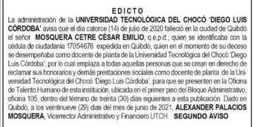 Edicto 2do. aviso César Emilio Mosquera Cetre