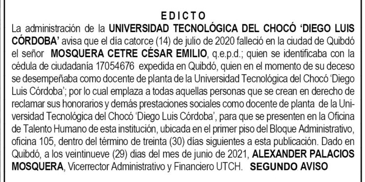 Edicto 2do. aviso César Emilio Mosquera Cetre