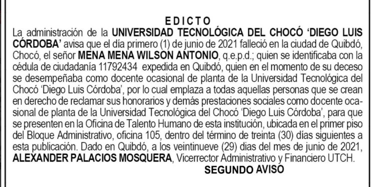 Edicto 2do. aviso Wilson Antonio Mena Mena