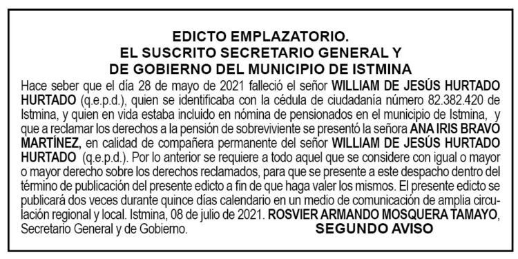 Edicto 2do. aviso William de Jesús Hurtado Hurtado