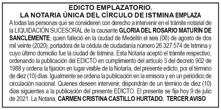 Edicto 3er. aviso Gloria del Rosario Maturín de Sanclemente