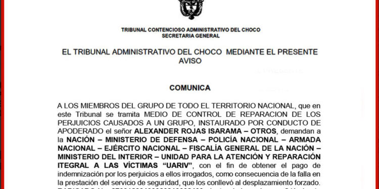Tribunal Administrativo del Chocó admite demanda de reparación de perjuicios