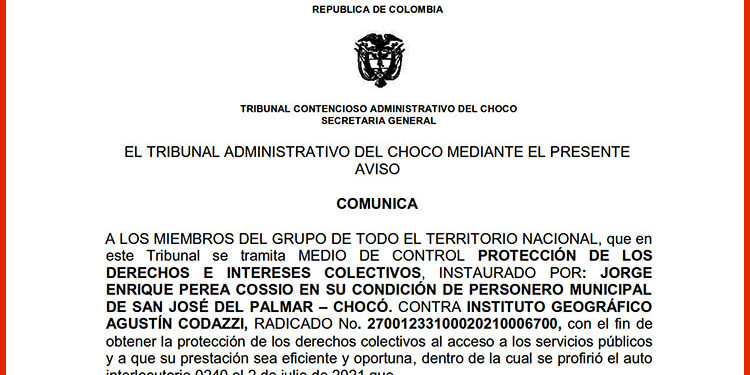 Tribunal admite demanda del personero de San José del Palmar contra el IGAC