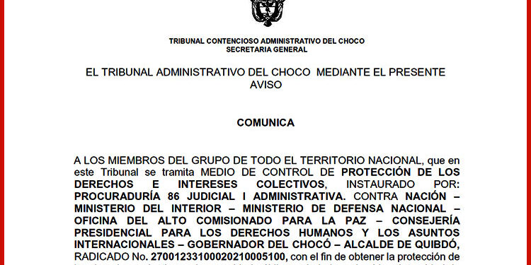 Tribunal Administrativo del Chocó admite demanda de la Procuraduría 86 Judicial I Administrativa