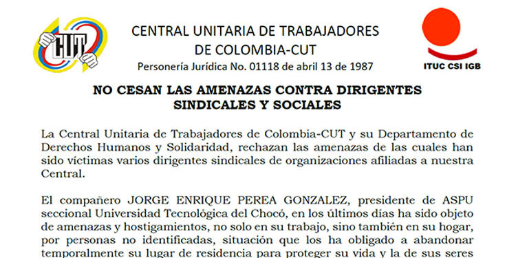 La CUT rechaza amenazas contra el líder sindical Jorge Perea