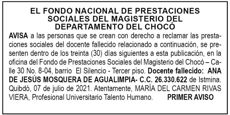 Edicto 1er. aviso Ana de Jesús Mosquera de Agualimpia